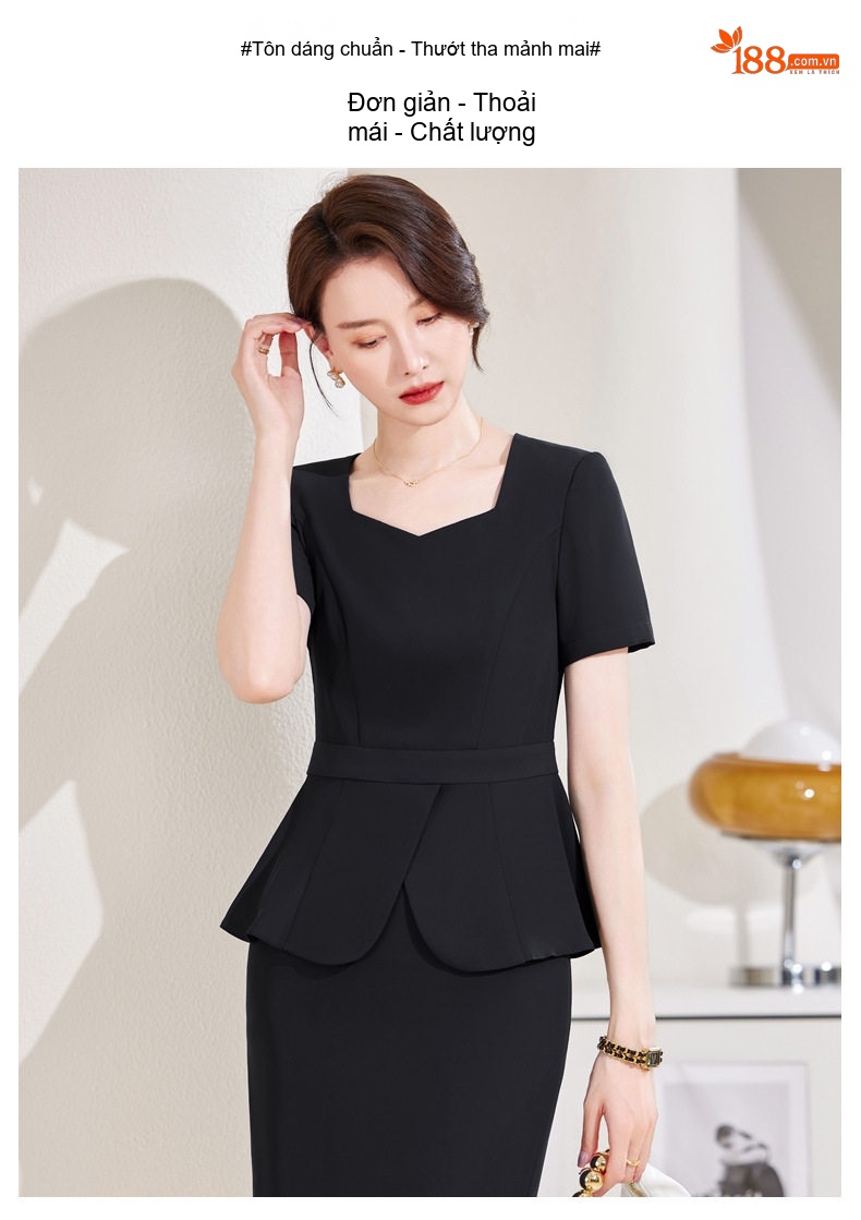 Bộ Vest Công Sở Nữ Tay Ngắn Quần/Chân Váy Áo Peplum Màu Đen, Xanh Navy chi tiết 16