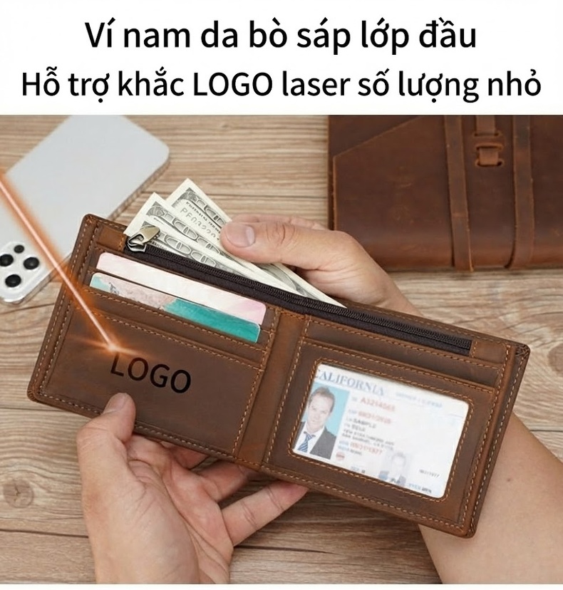 Ví Ngắn Nam Da Bò Sáp (Mad Horse) RFID Chống Quét Thẻ Khắc Laser Logo Màu Nâu, Đen chi tiết 2