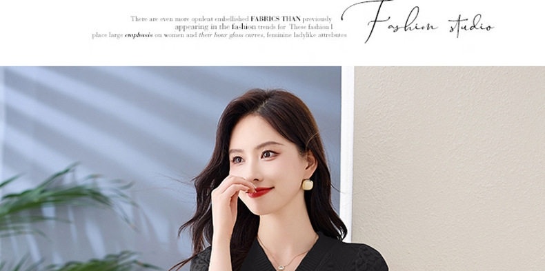 Váy Dệt Kim Nữ Cổ chữ V Đính Cúc Ngọc Trai Phối Ren Phong Cách Quý Cô Màu Be, Đen, Hồng chi tiết 45