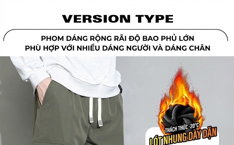 Quần dài nam ống bo gấu lót lông dáng thể thao nhiều túi chi tiết 2