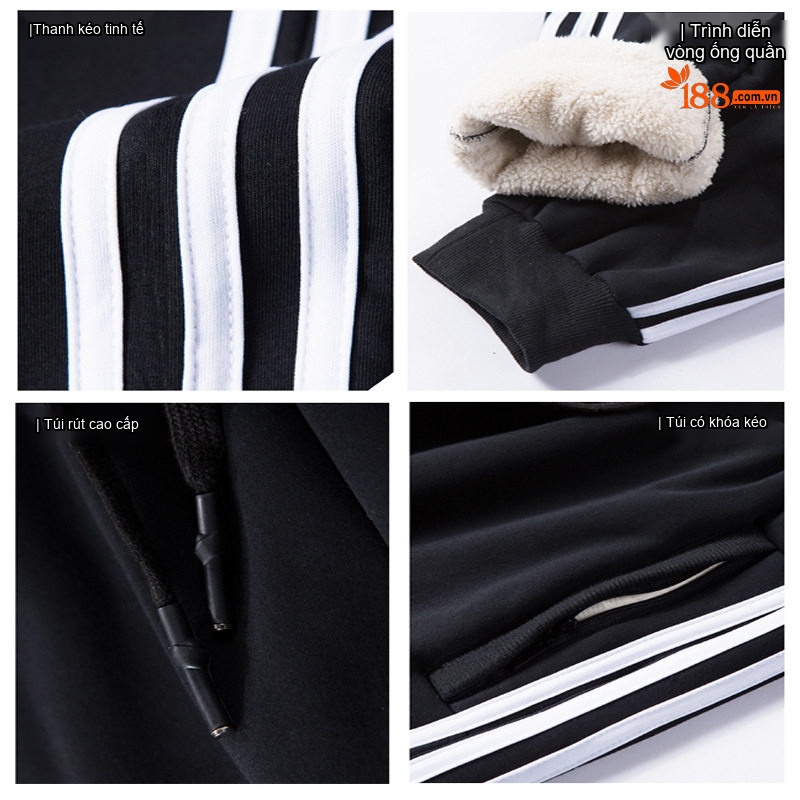 Quần Nỉ Nam Cotton Lông Cừu Non Dày Dặn Lót Lông Giữ Nhiệt Ống Bo Màu Đen, Xám, Be