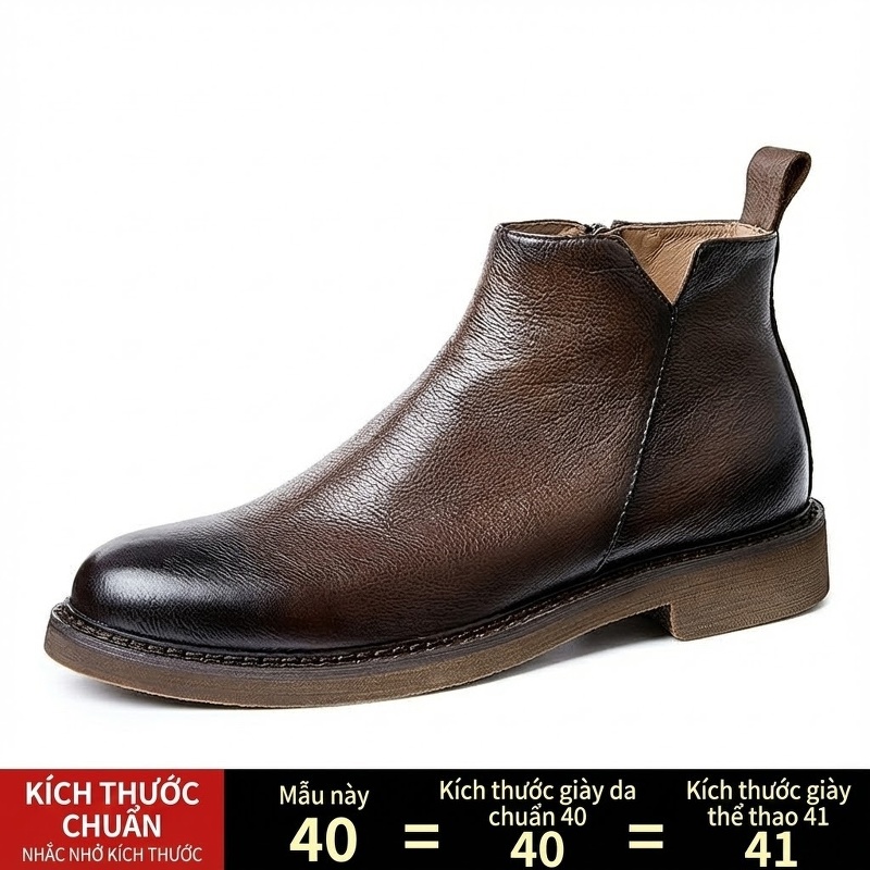 Boot Nam Da Bò Cao Cổ Chiều Cao Đế Khoảng 3cm Dáng Chelsea Màu Đen, Nâu