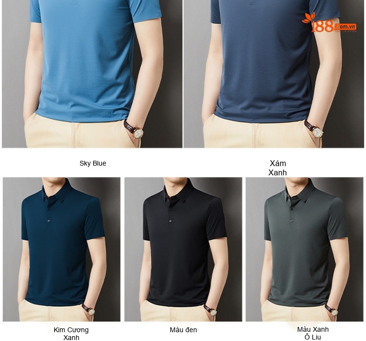 Áo Polo Nam Tay Ngắn Lụa Tằm Mùa Hè Form Rộng Màu Xanh Dương, Xanh Navy, Đỏ Rượu, Xám... chi tiết 10