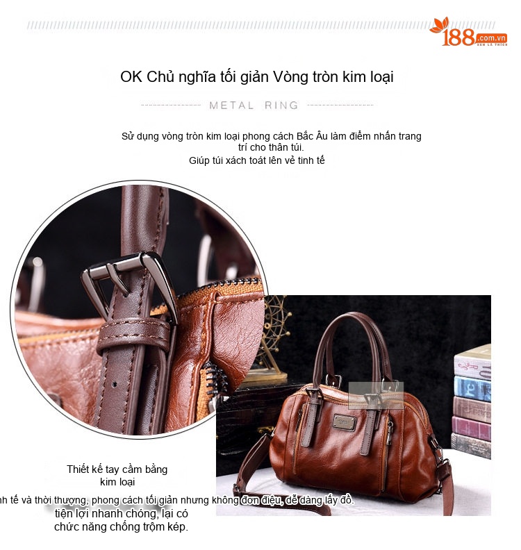 Túi Xách Nữ Da Bóng Vintage Đeo Vai, Đeo Chéo, Xách Tay Nhiều Ngăn Màu Nâu, Đen, Xanh Rêu, Đỏ... chi tiết 9