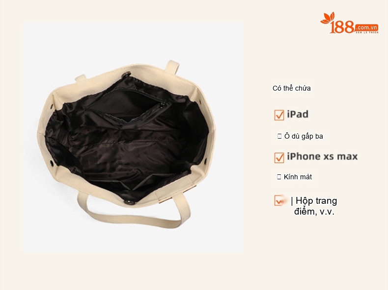 Túi Tote Nữ Vải Canvas Đựng Vừa A4 Đa Năng Phong Cách Hàn Quốc Màu Be chi tiết 6