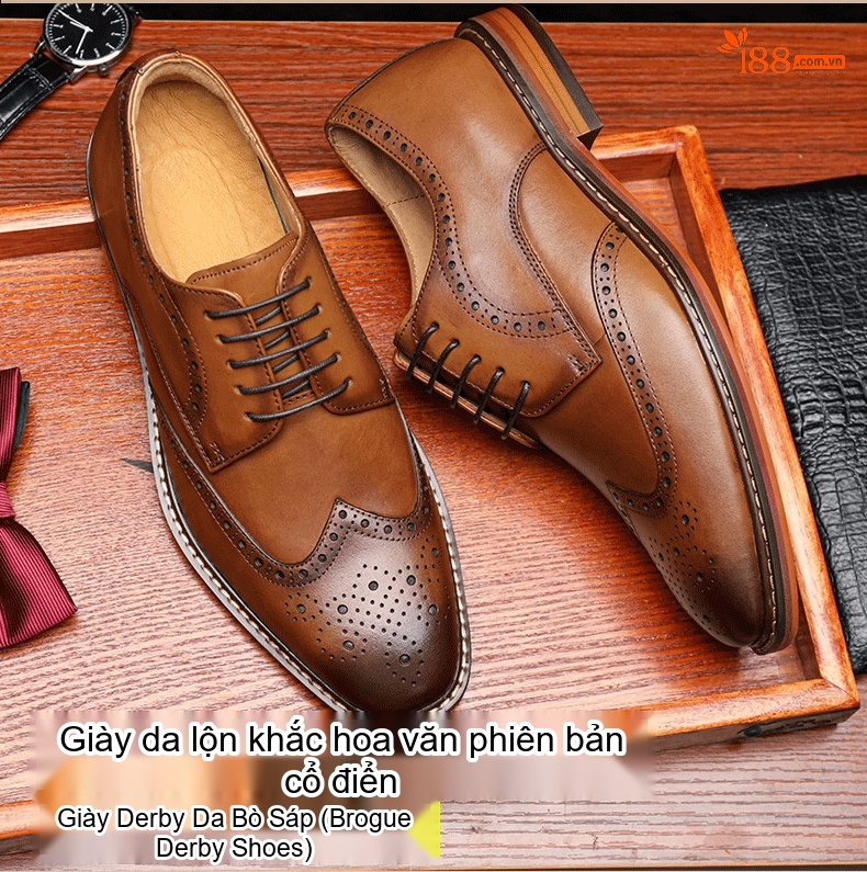 Giày Tây Brogue Buộc Dây Nam Da Bò Chiều Cao Đế Khoảng 3cm Màu Nâu chi tiết 1