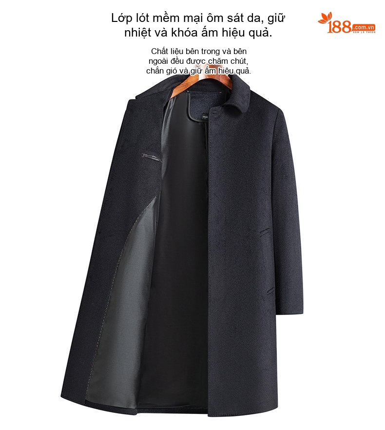 Áo Khoác Dạ Nam Trung Dài Woolen Phong Cách Business Casual Màu Xám Đậm chi tiết 5