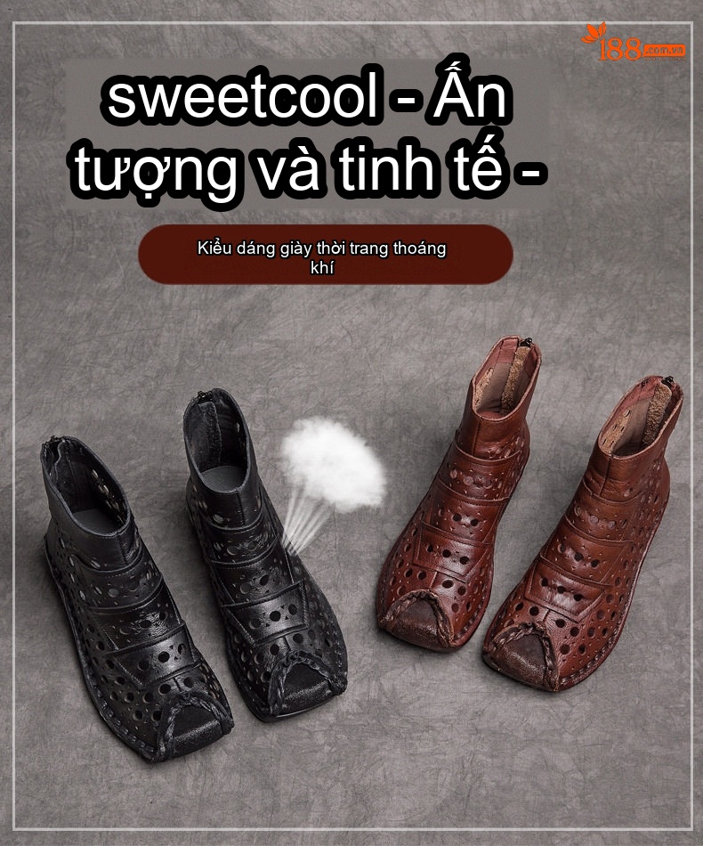 Giày Boot Nữ Da Bò Lỗ Thoáng Khí Gót Xuồng Chiều Cao Đế Khoảng 4cm Màu Nâu, Đen chi tiết 3