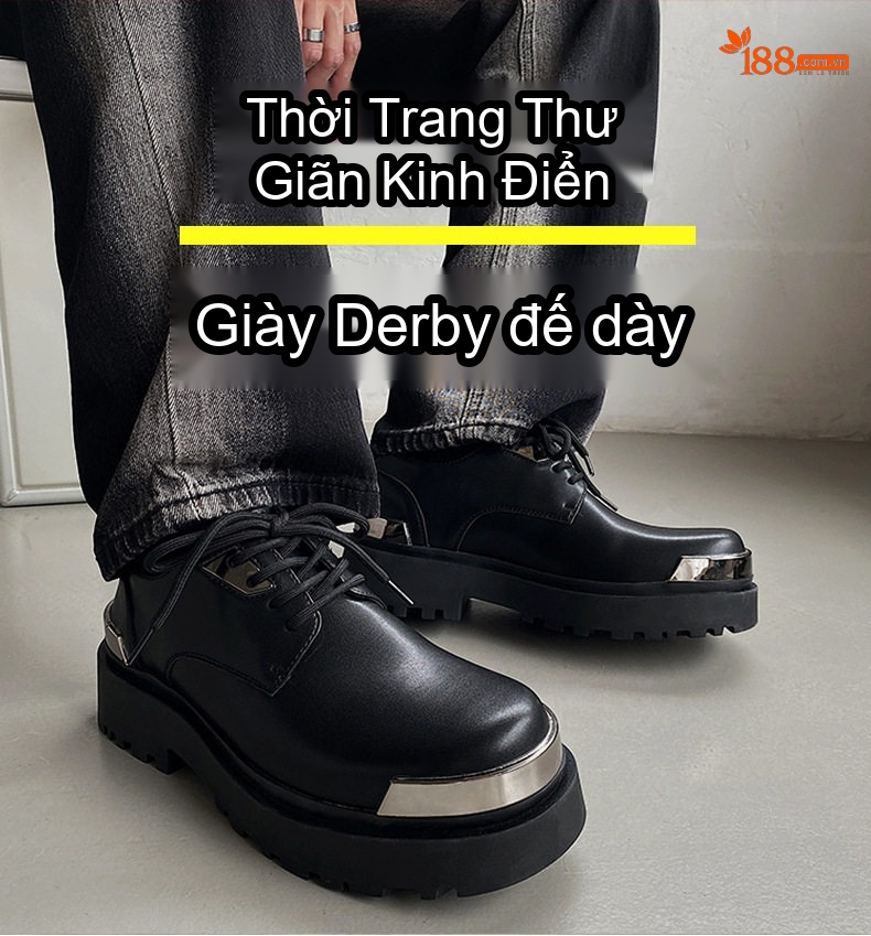 Giày Derby Nam Da Bóng Mũi Thép Phong Cách Anh Quốc Chiều Cao Đế Khoảng 4cm Màu Đen chi tiết 2
