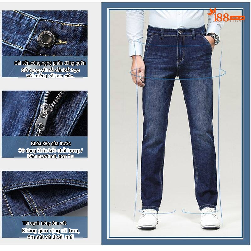 Quần Jeans Dài Nam Ống Đứng Co Giãn Thoải Mái Màu Xanh Dương Đậm