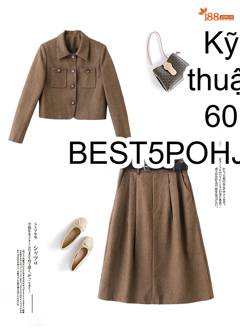 Set Áo Khoác Lửng và Chân Váy Midi Nữ Tính Thu Đông Kèm Thắt Lưng Màu Nâu chi tiết 3