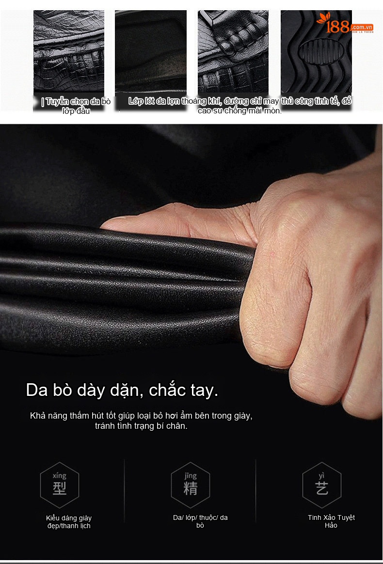 Giày Lười Nam Da Bò Vân Cá Sấu Chiều Cao Đế Khoảng 3cm Màu Đen chi tiết 3