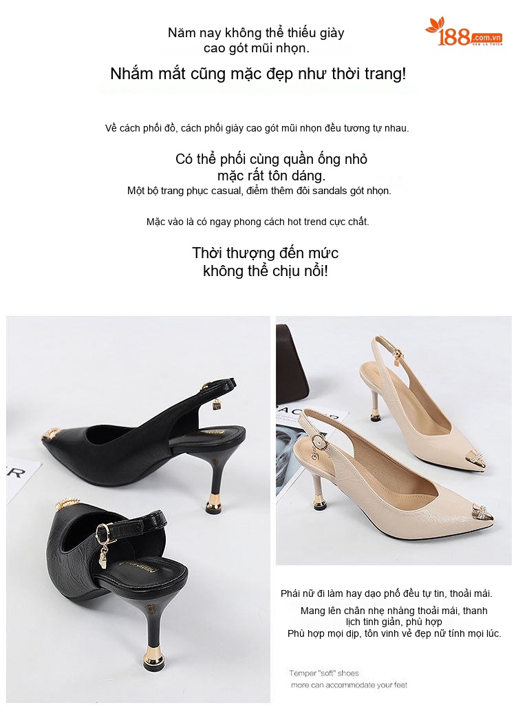 Giày Sandal Cao Gót Nữ Hở Gót Mũi Nhọn Đính Đá Gót Cao 7cm - 8cm Màu Đen, Kem chi tiết 4