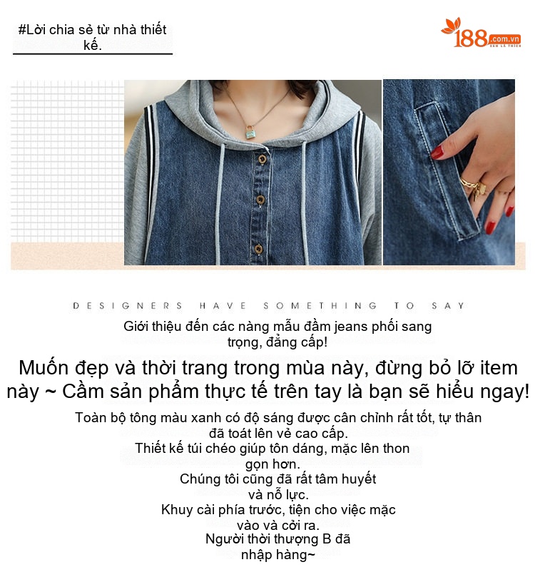 Váy Jean Dáng Suông Nữ Tay Dài Có Mũ Trùm Đầu Phong Cách Hàn Quốc Màu Xanh Dương chi tiết 2