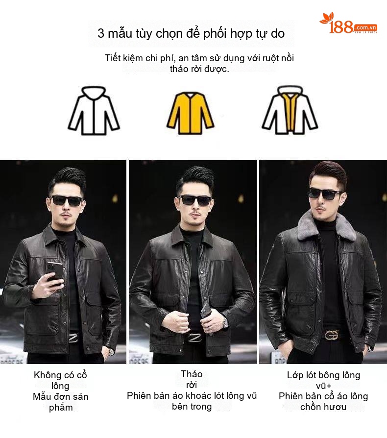 Áo Khoác Da Thật Nam Cổ Bẻ Dáng Ôm Vừa Vặn Màu Đen chi tiết 8