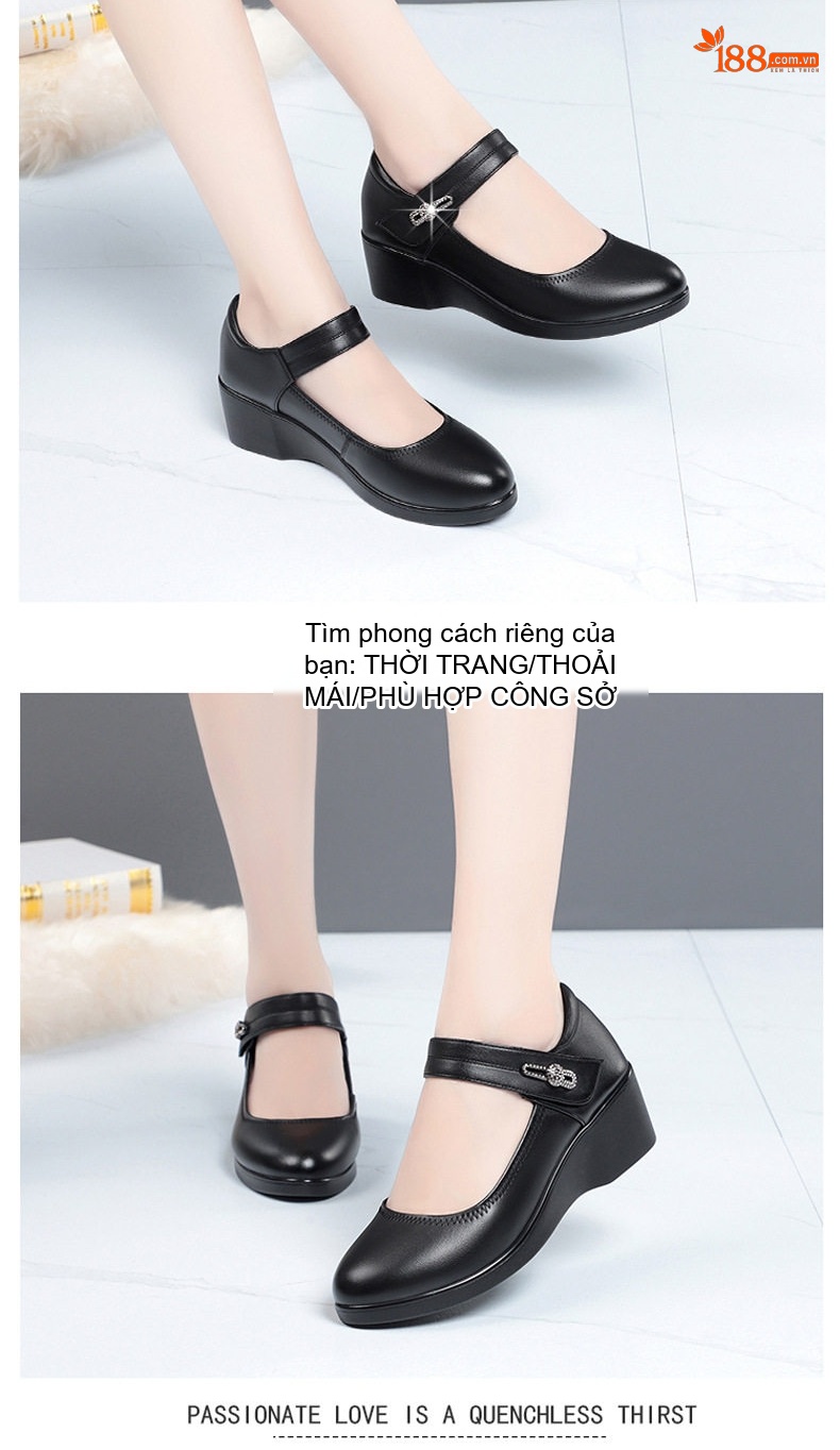 Giày Búp Bê Nữ Da Thật Đế Xuồng Chiều Cao Đế Khoảng 4cm Quai Dán Màu Đen chi tiết 3