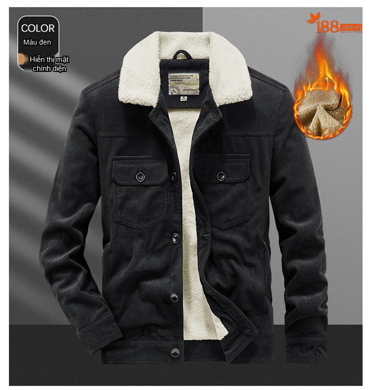 Áo Khoác Bông Nam Dáng Rộng Cổ Bẻ Lót Lông Cừu Non Vải Cotton Gân Màu Đen, Xanh Rêu, Nâu chi tiết 20
