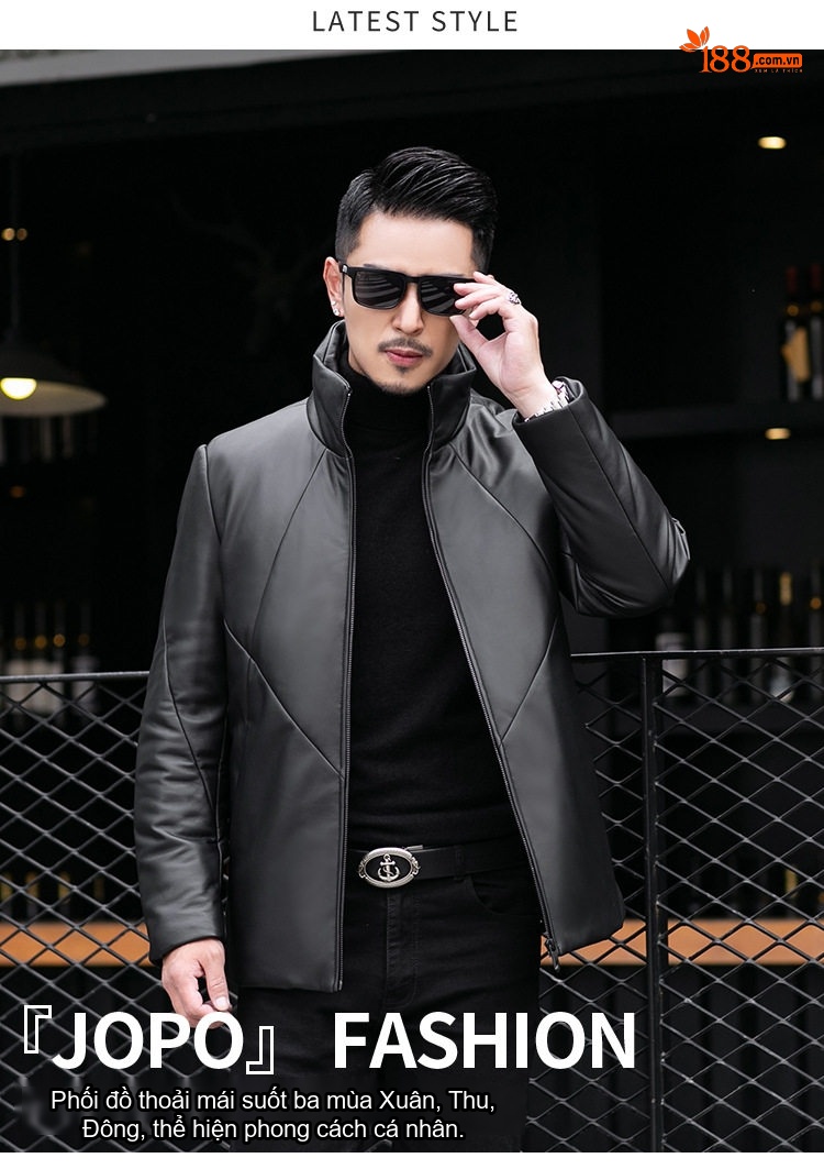 Áo Khoác Da Cừu Nam Lót Lông Vũ Dáng Ôm Cổ Trụ Màu Đen chi tiết 2