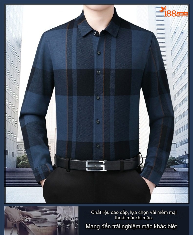 Áo Sơ Mi Nam Lông Chồn Dệt Kim Caro Chống Nhăn Giữ Ấm Màu Xanh Navy, Đỏ chi tiết 1