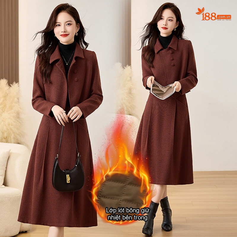 Set Áo Khoác Lửng Tay Dài Vải Flanel Chần Bông Và Chân Váy Midi Phong Cách Tiểu Thư Màu Nâu Đỏ, Xanh Rêu