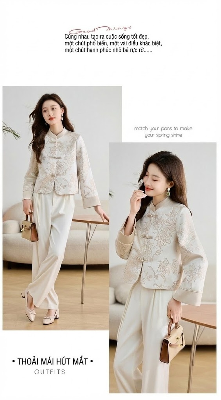 Áo Khoác Nữ Trung Hoa Cách Tân Phong Cách Quốc Dân Vải Satin Kiểu Áo Sườn Xám Thanh Lịch Màu Hồng, Kem chi tiết 20