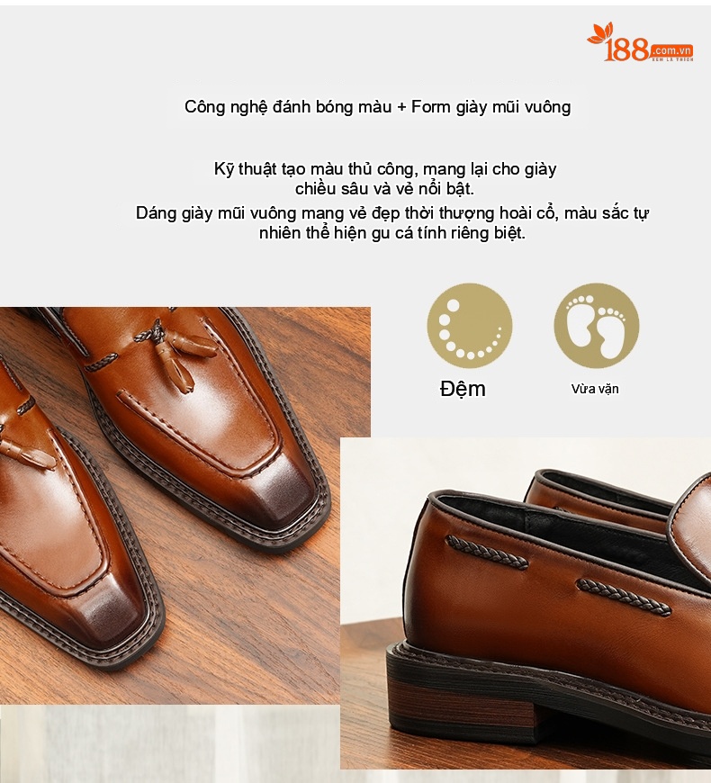 Giày Lười Nam Da Bò Trang Trí Tua Rua Chiều Cao Đế Khoảng 3cm Màu Nâu, Đen chi tiết 5