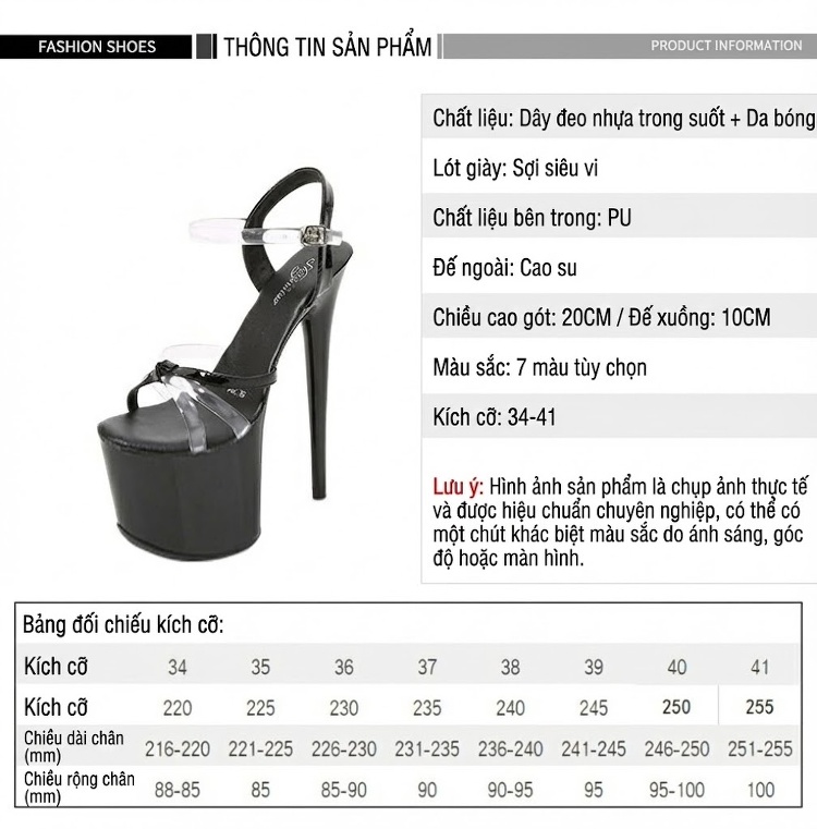 Giày Sandal Cao Gót Nữ Quai Trong Suốt Da Bóng Gót Cao 10cm - 12cm Màu Đen, Đỏ, Vàng, Xanh Dương... chi tiết 3