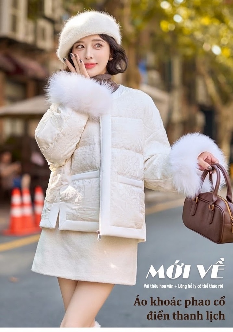 Áo Khoác Phao Nữ Ngắn Tay Dáng Nhỏ Gọn Cao Cấp Giữ Ấm Lông Vịt Trắng Màu Trắng Kem chi tiết 2