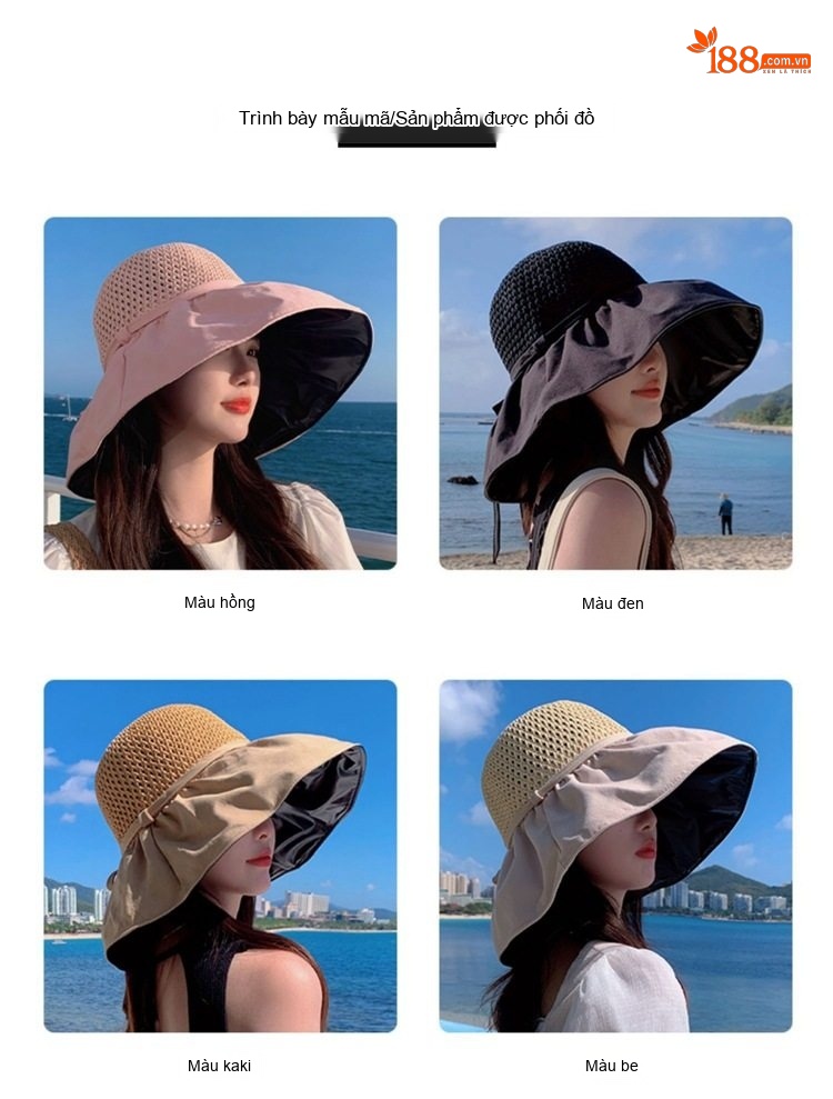 Mũ Cói Nữ Chống Nắng Chống Tia UV Vành Rộng Thời Trang Đi Biển Màu Be, Đen, Hồng, Nâu... chi tiết 4