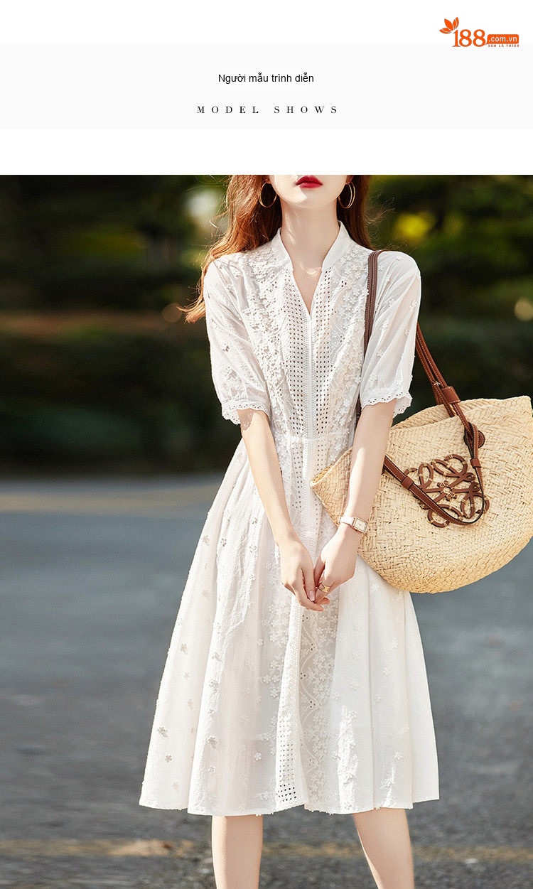 Váy liền thân Nữ Cotton Thêu Hoa Cổ chữ V Tay Lỡ Phong Cách Hàn Quốc Màu Trắng chi tiết 9