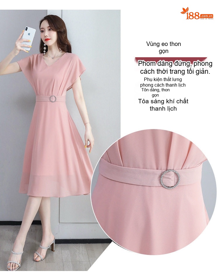Váy Liền Thân Nữ Cổ chữ V Tay Ngắn Thanh Lịch Màu Đen, Tím, Hồng chi tiết 12