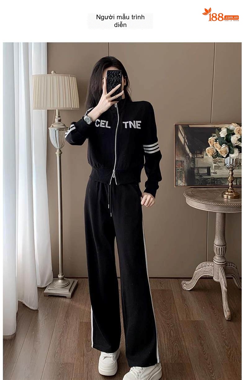 Bộ Áo Khoác Nữ Dáng Ngắn Khóa Kéo Phối Sọc Quần Ống Rộng Lưng Cao Màu Đen chi tiết 24