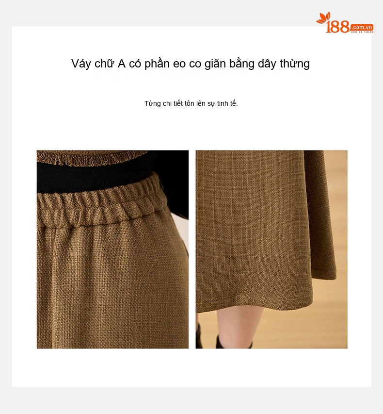 Set Áo Khoác Lửng Tay Dài Cổ Tròn và Chân Váy Midi A Line Trám Bông Dày Dặn Màu Nâu, Đỏ chi tiết 13