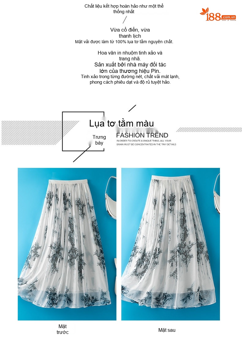 Chân Váy Midi Nữ Lụa Tơ Tằm Họa Tiết Bohemian Cạp Cao Màu Trắng chi tiết 3