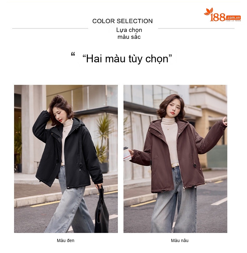 Áo Khoác Parka Nữ Lót Lông Dày Dặn Dáng Ngắn Giữ Ấm Màu Nâu, Đen chi tiết 9