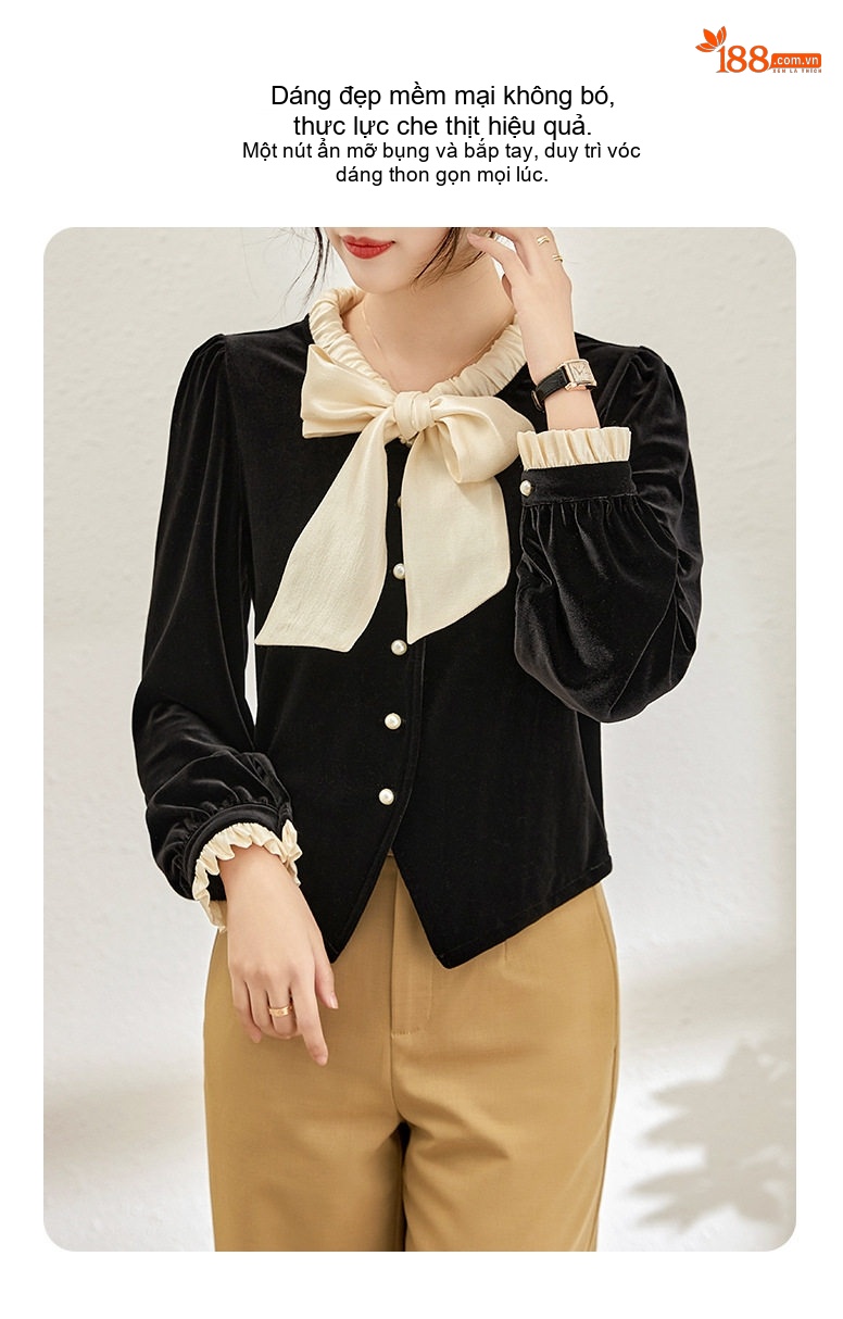 Áo Cardigan Nữ Nhung Nơ Cổ Điển Phong Cách Pháp Màu Đen, Kem chi tiết 4