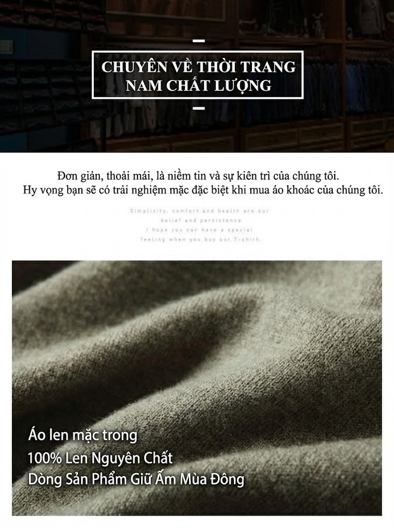 Áo Len Cổ Lọ Nam 100% Pure Wool (Lông Cừu) Dệt Kim Mỏng Màu Xám, Đen, Trắng, Xanh... chi tiết 3