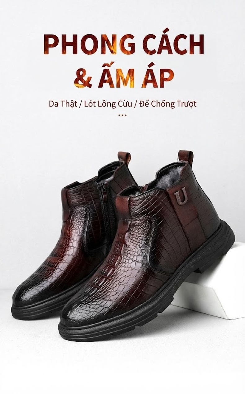 Boot Nam Da Thật Cao Cổ Lót Lông Cừu Giữ Ấm Chiều Cao Đế Khoảng 4cm Màu Đen, Nâu chi tiết 1
