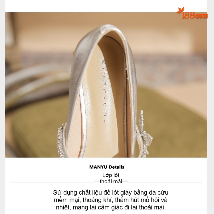 Giày Búp Bê Nữ Da Cừu Mũi Nhọn Gót Vuông Chiều Cao Đế Khoảng 2cm Quai Ngang Đính Đá Màu Đen, Bạc chi tiết 7