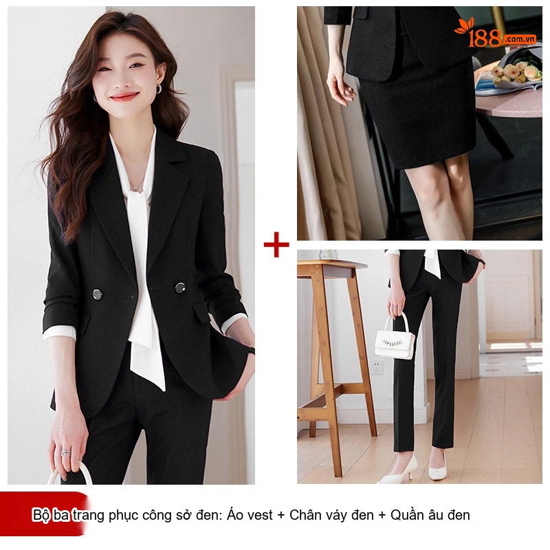 Bộ Vest Nữ Công Sở Quần Áo Dài Tay Phong Cách Hàn Quốc Màu Đen, Xanh Navy