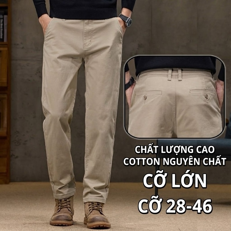 Quần Dài Nam Cotton Dáng Rộng Ống Suông Co Giãn Thoải Mái Màu Be, Đen, Xám, Xanh Navy