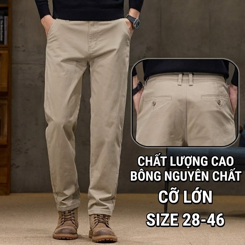 Quần Dài Nam Cotton Dáng Rộng Ống Suông Co Giãn Thoải Mái Màu Be, Đen, Xám, Xanh Navy chi tiết 9