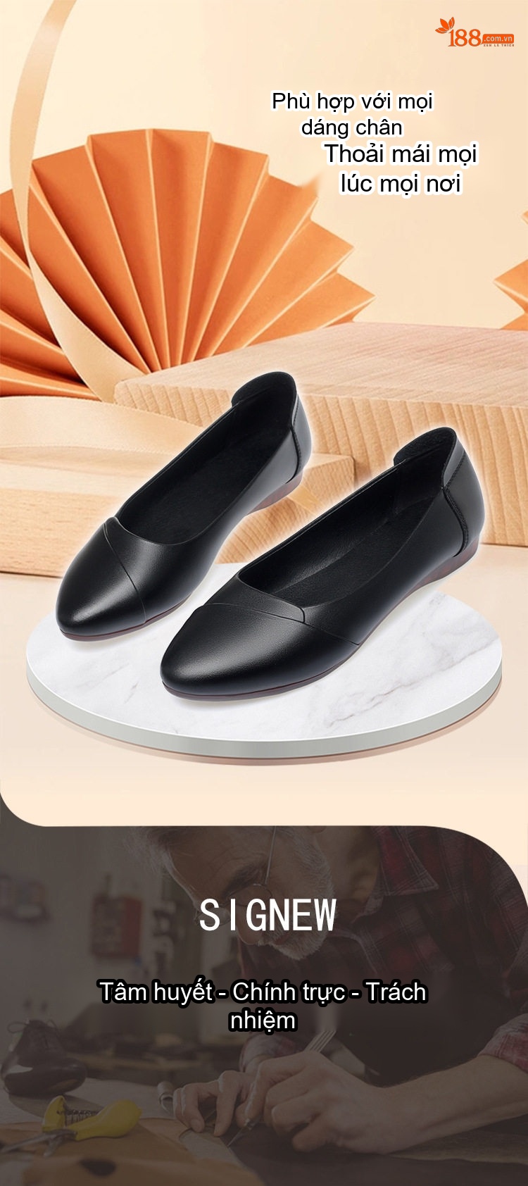 Giày Búp Bê Nữ Da Thật Mềm Mại Chiều Cao Đế Khoảng 2cm Màu Kem, Nâu, Đen chi tiết 1