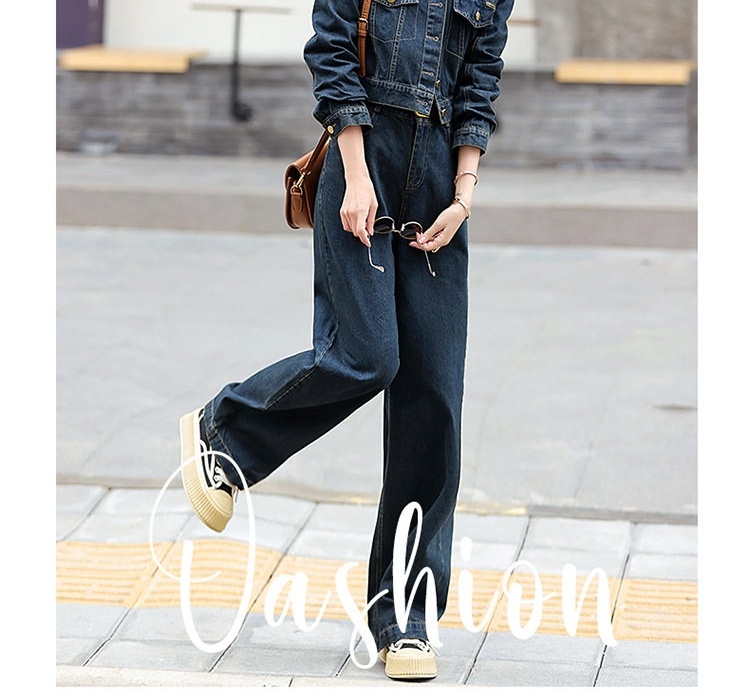 Set Bộ Quần Áo Nữ Jean/Denim Áo Khoác Lửng Quần Ống Rộng Phong Cách Hàn Quốc Màu Xanh Navy chi tiết 3