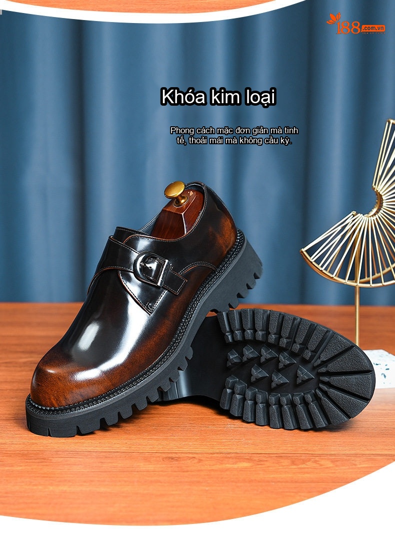 Giày Tây Monk Strap Nam Da Bóng Chiều Cao Đế Khoảng 4cm Màu Đen, Nâu chi tiết 6