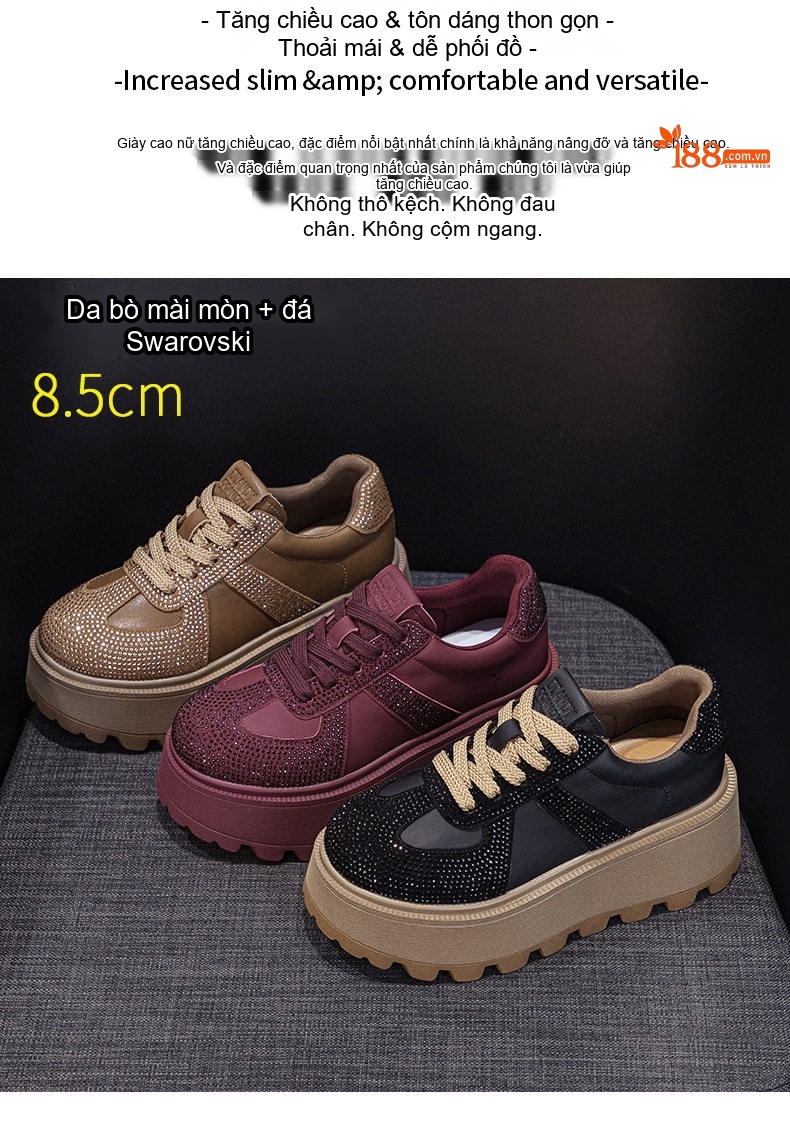 Giày Thể Thao Nữ Đế Dày Chiều Cao Đế Khoảng 5cm Da Mờ Đính Đá Màu Đỏ, Nâu, Đen chi tiết 3