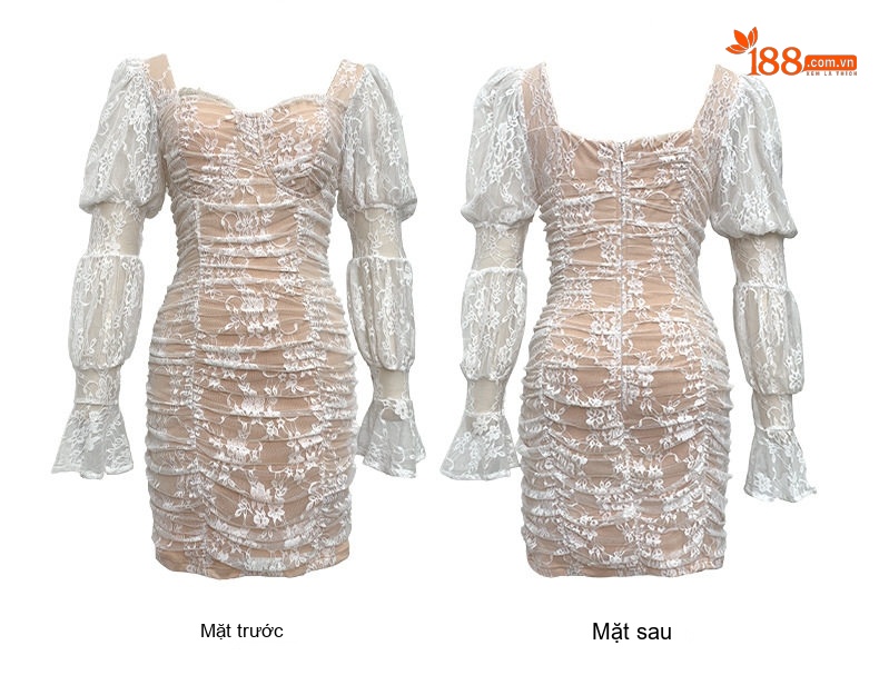 Váy Đầm Ôm Body Tay Lồng Đèn Ren Phong Cách Pháp Màu Đen, Kem chi tiết 6