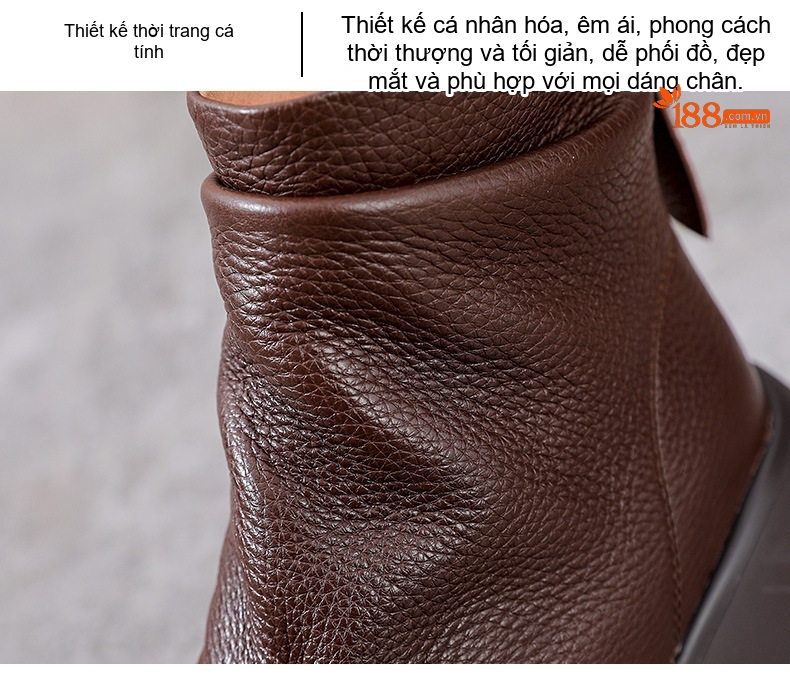 Boot Nữ Da Bò Cổ Ngắn Đế Bánh Mì Chiều Cao Đế Khoảng 5cm Khoá Kéo Sau Màu Đen, Nâu chi tiết 7