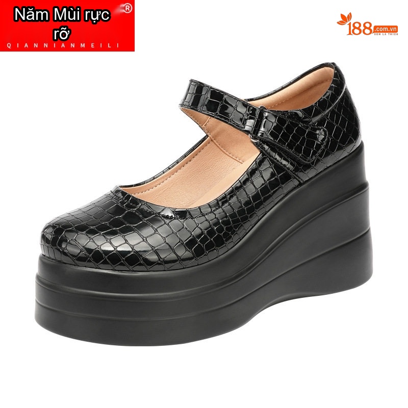 Giày Búp Bê Nữ Da Bóng Quai Ngang Chiều Cao Đế Khoảng 7cm Màu Đen, Trắng, Đỏ