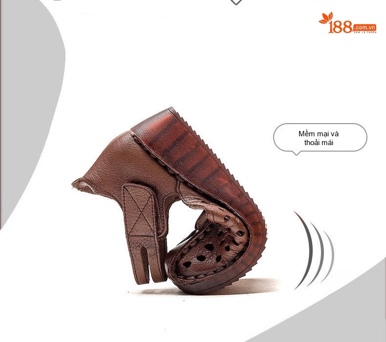 Dép Sandal Nữ Da Bò Quai Dán Hở Ngón Đế Xuồng Thoáng Khí Đế Cao 5cm - 6cm Màu Nâu, Kem chi tiết 2